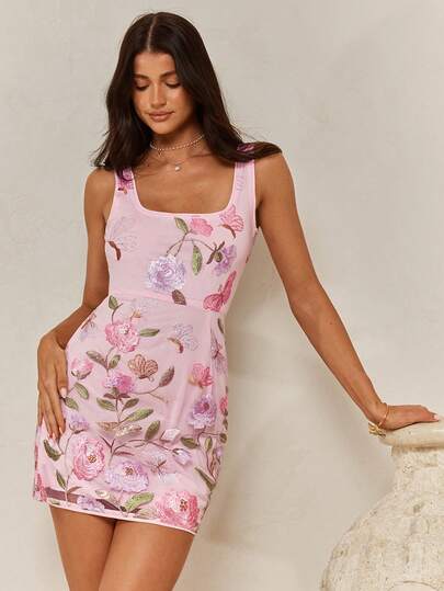 Enchnt Spring/Summer Romantic Women's Elegant Pink Floral Embroidery & Sequin Decor Square Neck Sleeveless Mini Dress, Casual Outings, Elegant & Chic,Sweet For Vacation&Holiday&Going Out,Elegant Dress For Women,Pink Dress,Beach Dress, Summer Dresses