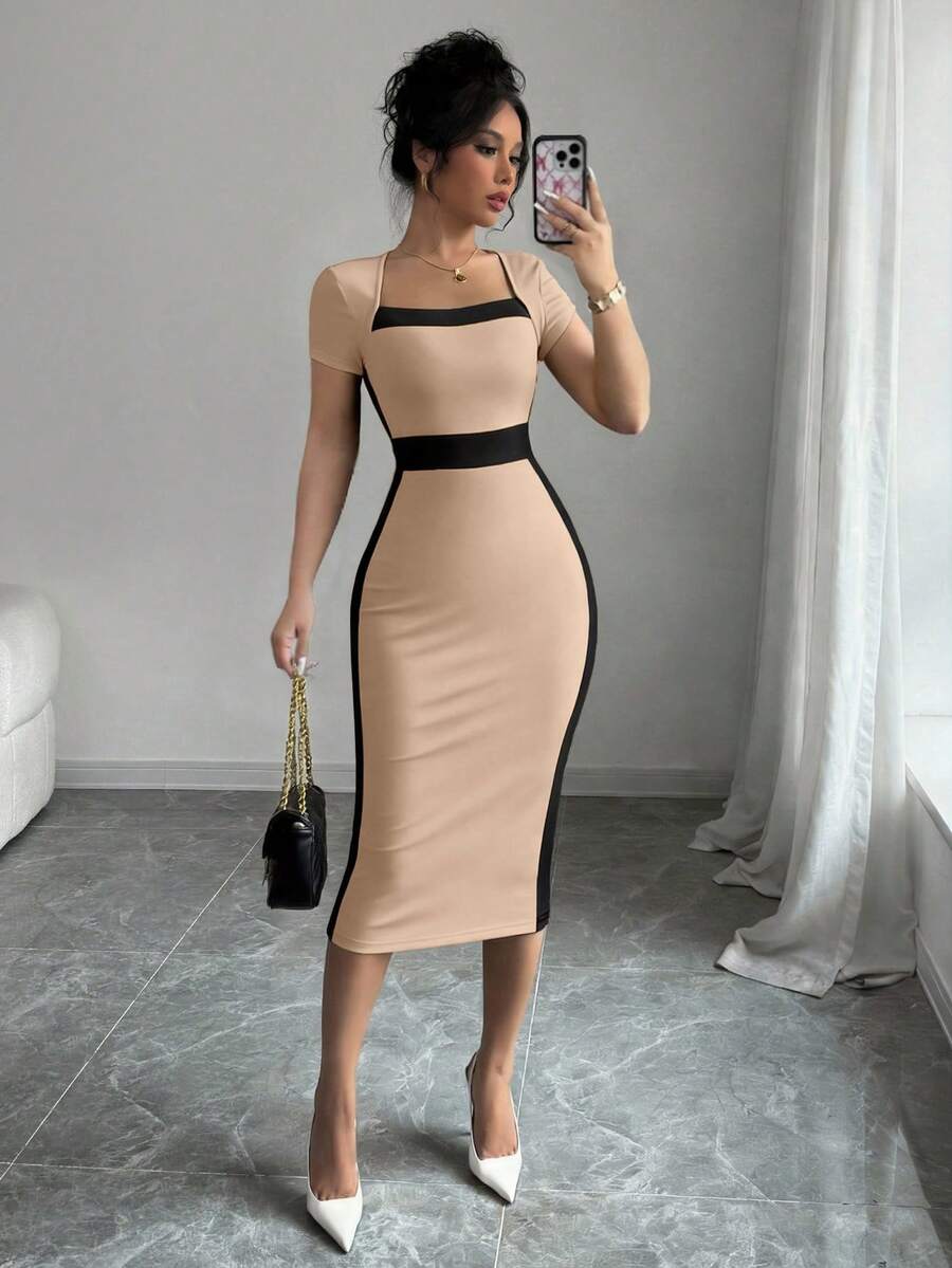 Elenzga Color Block Fitted Square Neck Women's Short Sleeve Dress - Khaki - View 1