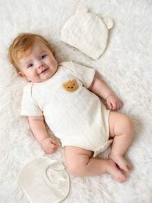 3件套新生儿小熊刺绣连体衣套装 - 米色 - 查看 3