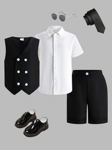 SHEIN Tween Boy Gentleman Elegant Stand Collar Solid Color Cardigan Short Sleeve Shirt, Solid Color Thin Vest, And Solid Color Shorts 3-Piece Woven Set - Black and White - View 2