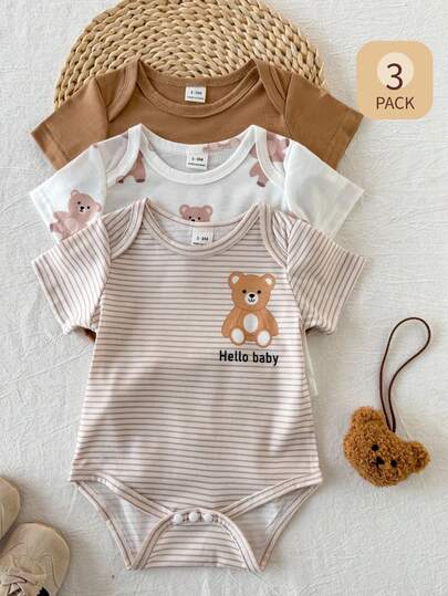 SHEIN 3pcs Baby Boys Bodysuits, Camouflage & Letter Print & Green Short Sleeve Envelope Collar Rompers, Soft Comfortable Minimalist Design For , Outdoor, Sports, Spring/Summer