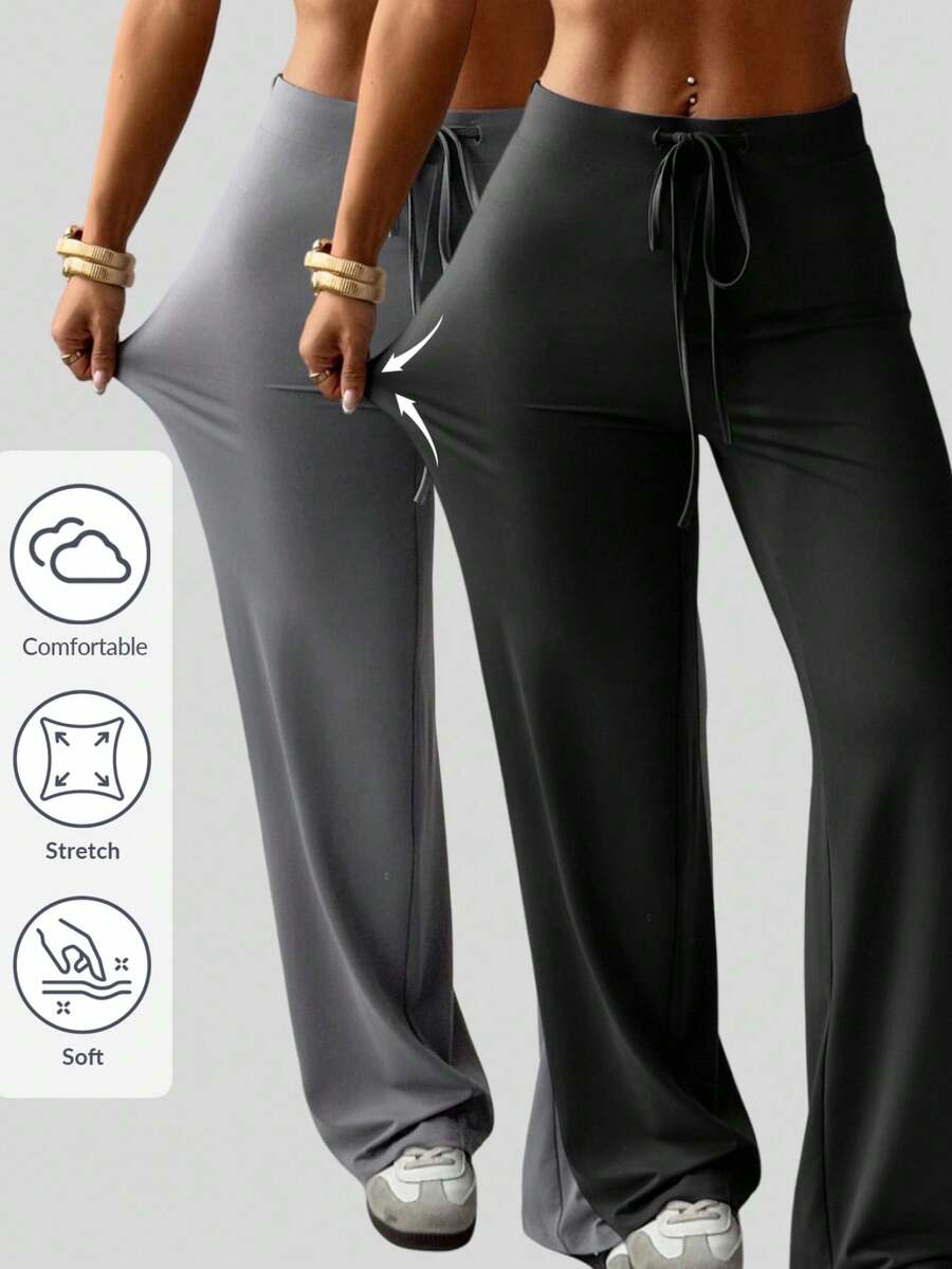 SHEIN EZwear 夏季休闲两件套女士针织抽绳腰休闲裤套装 - 彩色 - 查看 1