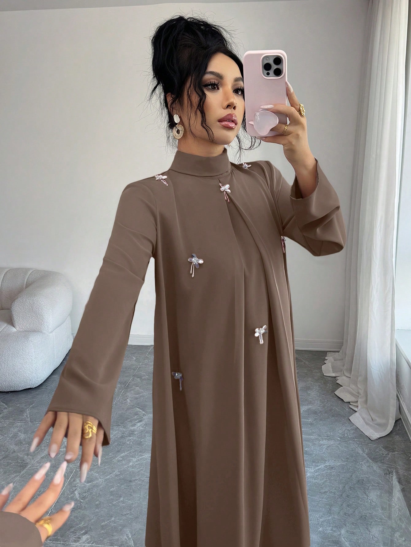 Yasmyna فستان نسائي بياقة عالية وأكمام راجلان فضفا...