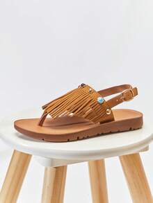 Mini mi #BohoCute Sandal Anak-Anak Dekorasi Batu dan Rumbai Bahan Suede Vegan Premium Warna Cokelat Muda Model Slingback dengan Tali Jari Kaki – Lembut, Aman & Nyaman - Merah tua - View 7