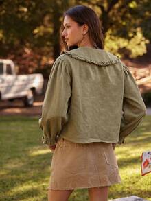 WESTFADE Cotton Blend Chambray Ruffle Collar Long Sleeve Button Up Shirt Cute Fall Tops, Country Concert, Autumn, Winter, Boho, Casual, Cute - Olive Green - View 2