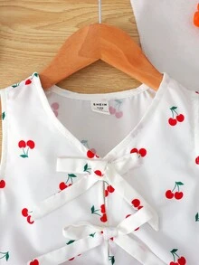 2件套女童樱桃衬衫背心+红色格子宽松短裤，休闲日常时尚百搭套装，适合外出、聚会、与姐妹搭配 - 紅色 - 查看 4