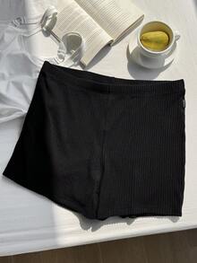 Comfortcana Plus Size Solid Color Knitted Cycling Shorts Black Micro Short Knit Shorts Stretchy Shorts Ribbed Shorts Black Micro Shorts - Black - View 4