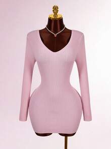 Amplova Women's Backless Bow Tie Mini Long Sleeve Dress, Red Sexy Sweater Suitable For Dates, Valentine's Day Parties, Casual And Sexy Daily Wear - Pink - View 2