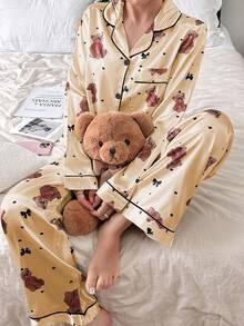 Asian Style Dream Adore Women's Brown Base Bear Bow Heart Print Faux Silk Lapel Cardigan & Pants Pajama Set - Apricot - View 3