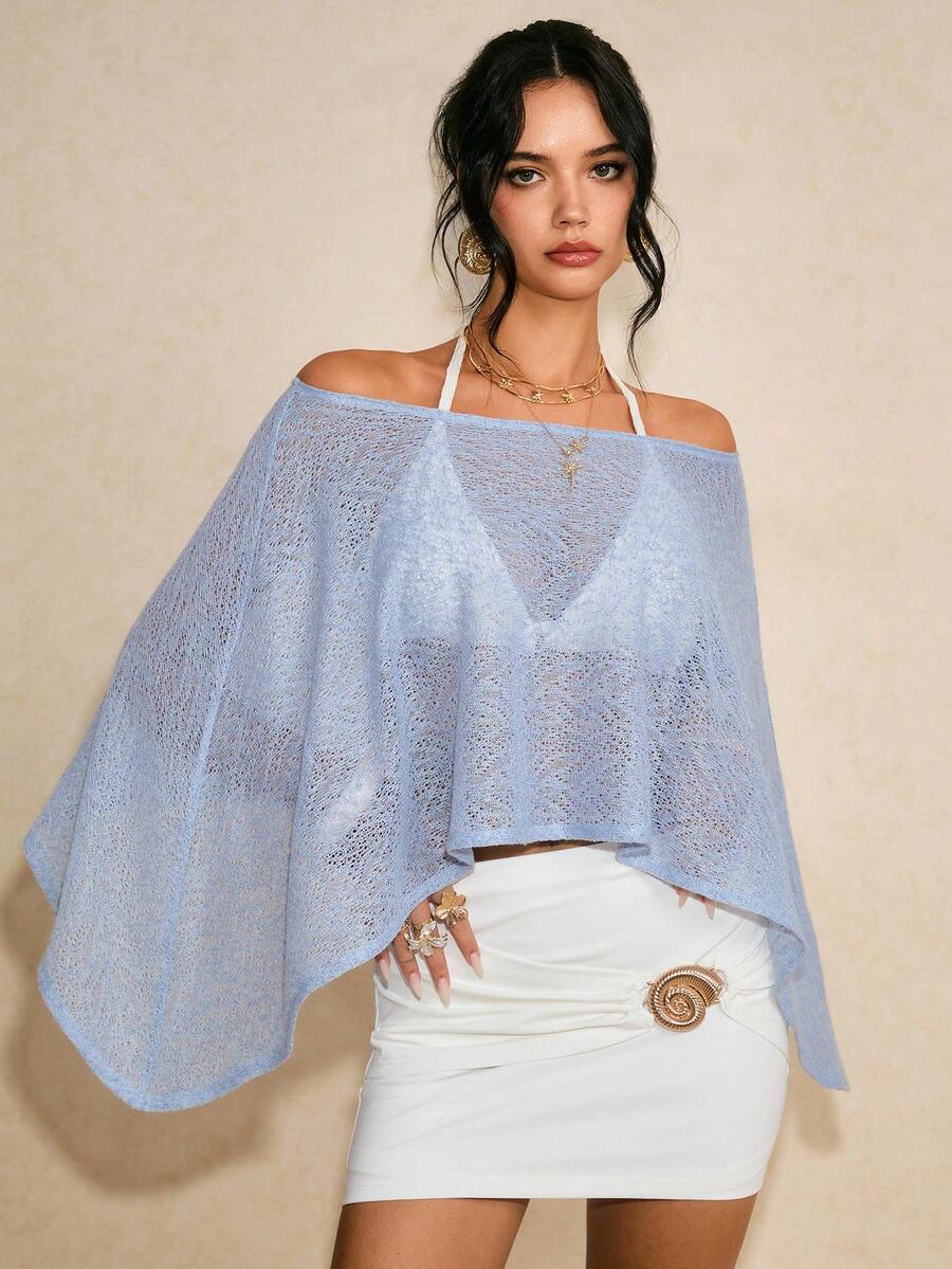 Poéselle Women's Lightweight Sheer Knit Off-Shoulder Poncho Top – Airy Blue Beach Cover-Up For Summer, Boho Coastal Chic Style Beach Cover Up Top - Blue - View 1
