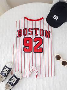 SHEIN Unisex Baby Cute Red Sleeveless Romper Jumpsuit Baseball Jacket, Spring/Summer Baby Boy Clothes, Outfits - Red - View 4