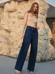 MOTF PREMIUM SPRING/SUMMER ASYMMETRICAL PLACKET WASHED STRAIGHT-LEG JEANS - Dark Wash - View 4