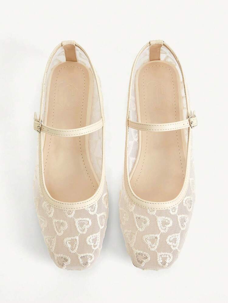 CUCCOO CHICEST Women Shoes Fashionable Beige Lace Love Mesh Mary Jane Breathable Flat Shoes Cute Sweet Elegant Women Flat Shoes Women's Shoes Elegant Shoes Wedding Shoes Summer Shoes Bride Shoes