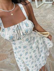 Serisse Women's Summer Vacation Casual Printed Spaghetti Strap Mini Dress,French Summer Chic Blue Floral Print Camisole Dress, Waist Cinched A-Line Silhouette, Sweet Forest Style, Hot Seller For Summer Vacation/Picnic/Date, Cottagecore Dress, Milkmaid Dress, Summer Dress, Floral Print Dress, Garden Party Dress, Blue Dresses,Floral Dress  , Floral Dresses For Womenbeach Dresses For Women , Floral Dress For Women,Ruffle Dress,Beach Vacation Outfits For Women,Vacation Dresse,Elegant Dresses For Women,Casua - Baby Blue - View 1