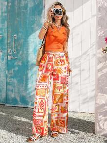 Vivid Eden 女士度假纯色圆领背心和棕榈树印花长裤休闲两件套 - 橘色 - 查看 6