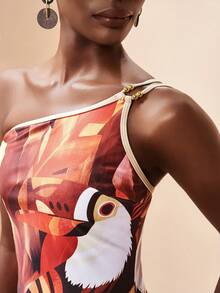 Zivah 2026 Casual Beach Vacation Distinctive Plant & Parrot Print Beaded Strap One-Piece Swimsuit - Brown - View 6