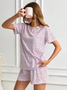 SHEIN Women Floral Printed 2 Pieces Pajama Set - Pink - View 5