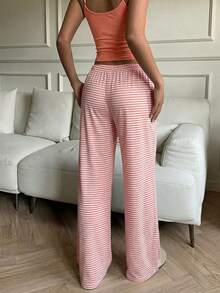 CovetEZ 女士夏季珊瑚橙色蕾丝拼接吊带背心和条纹印花抽绳裤两件套 - 珊瑚橙 - 查看 2