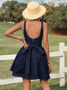 Breezaya Women's Fashion Zipper Denim Jumpsuit Dress Spring Summer  Vacation - Blue - View 2