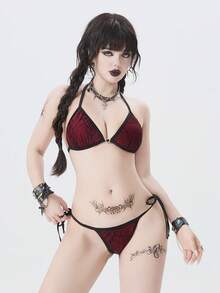 ROMWE Goth Contrast Binding Halter Triangle Tie Side Bikini Swimsuit - Multicolor - View 3