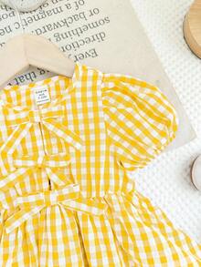 LMoss Kids 女婴格子圆领花瓣袖修身休闲连衣裙 - 黃色 - 查看 10