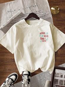 SHEIN Áo thun ngắn tay in chữ phong cách thường ngày dành cho nữ, thích hợp cho mùa hè. - Màu be - Xem 2