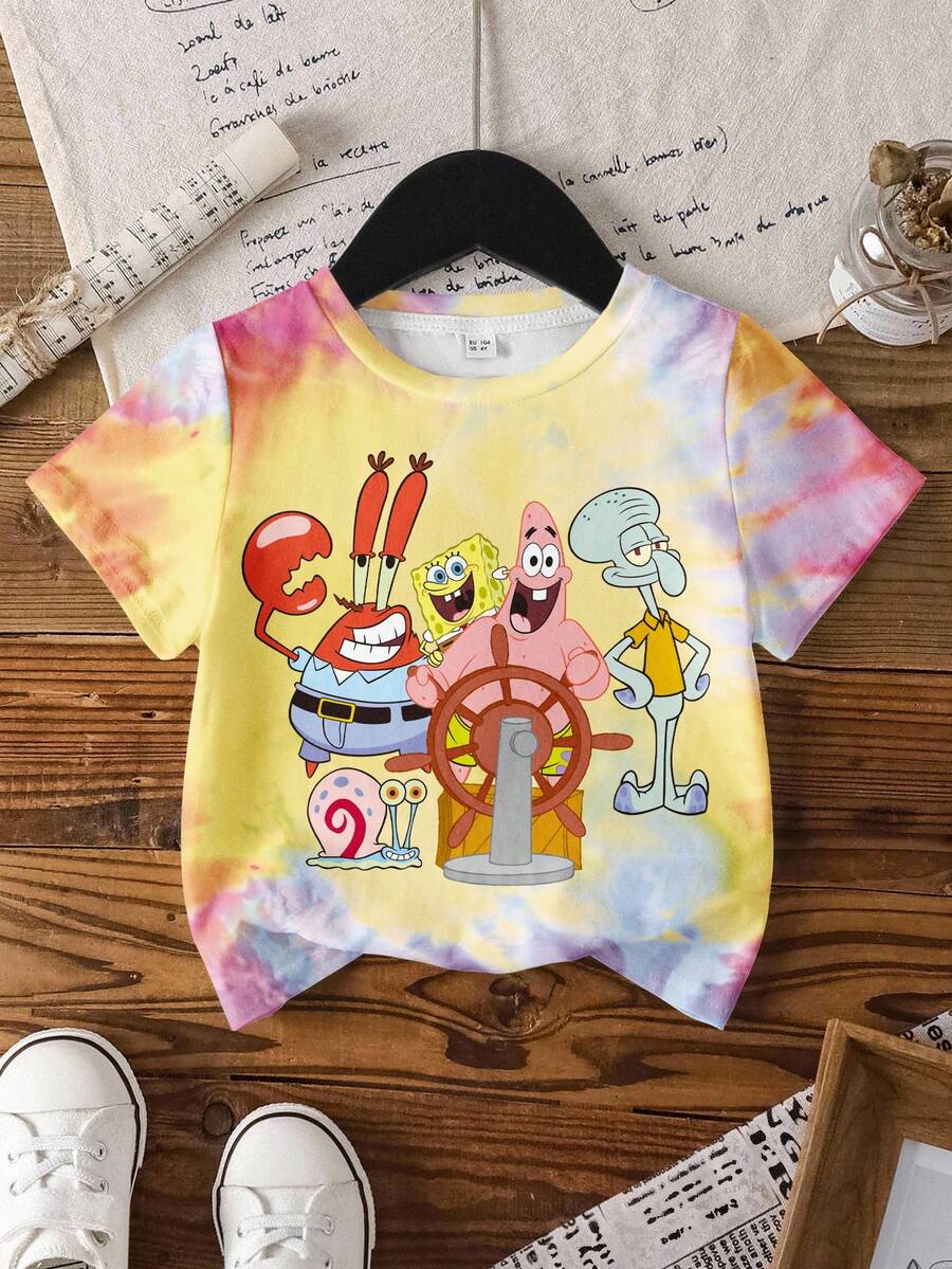 SpongeBob SquarePants | SHEIN Young Girls Minimalist Print Round Neck Short Sleeve T-Shirt - White - View 1