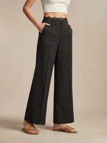 BizChic New Spring/Summer Black Striped Waistband Lace Trim Patchwork Slit Side Pocket Women's Pants - Black - View 1