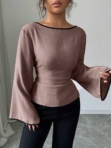 Siren Gaze Slim Fit Blouse With Contrast Trim, Long Flared Sleeves, Round Neck, Thin Back Straps - Maroon - View 4