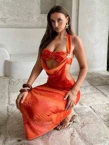 Aloruh 女士春夏新款超长连衣裙，橙色印花，两穿式摆裙，优雅性感，饰以奢华3D立体花卉图案，女士度假/沙滩装 - 橘色 - 查看 5