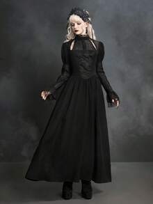 ROMWE Goth 哥特风蜘蛛网蕾丝泡泡袖修身A字长裙 - 黑色 - 查看 1