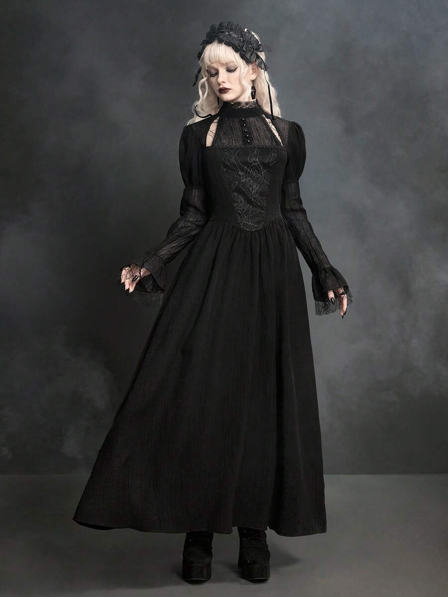 ROMWE Goth 哥特风蜘蛛网蕾丝泡泡袖修身A字长裙 - 黑色 - 查看 1