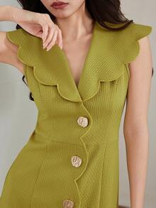 女士纯色金属单排扣时尚别致约会派对迷你连衣裙 - 芥末黃 - 查看 2