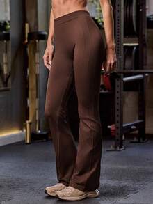 Easithlete 女士弹力高腰纯色喇叭紧身裤，运动服 - 咖啡棕 - 查看 4