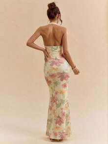 2026 Nuevo Vestido maxi elegante con cuello halter y escote profundo en V, de color amarillo crema, para mujer, para primavera/verano - Amarillo claro 2 - Ver 2