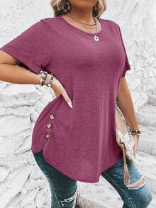 SHEIN Clasi Plus Size Solid Color Round Neck Short Sleeve Casual Summer Versatile T-Shirt, Summer Tops - Red Violet - View 6