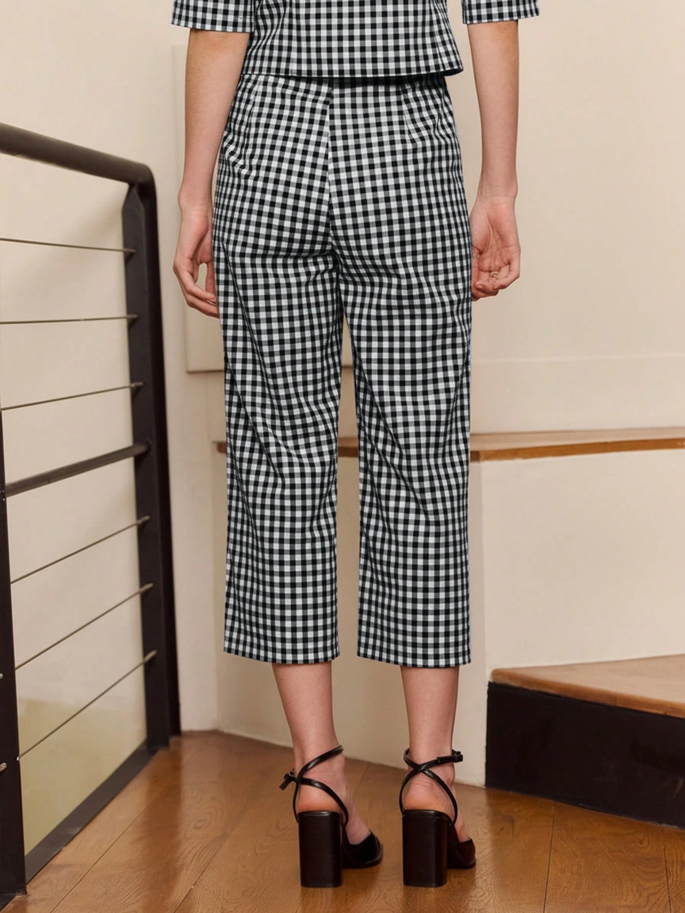 Black Gingham Wide-Leg Cropped Trousers Cute Vintage Style Spring Summer Going Out