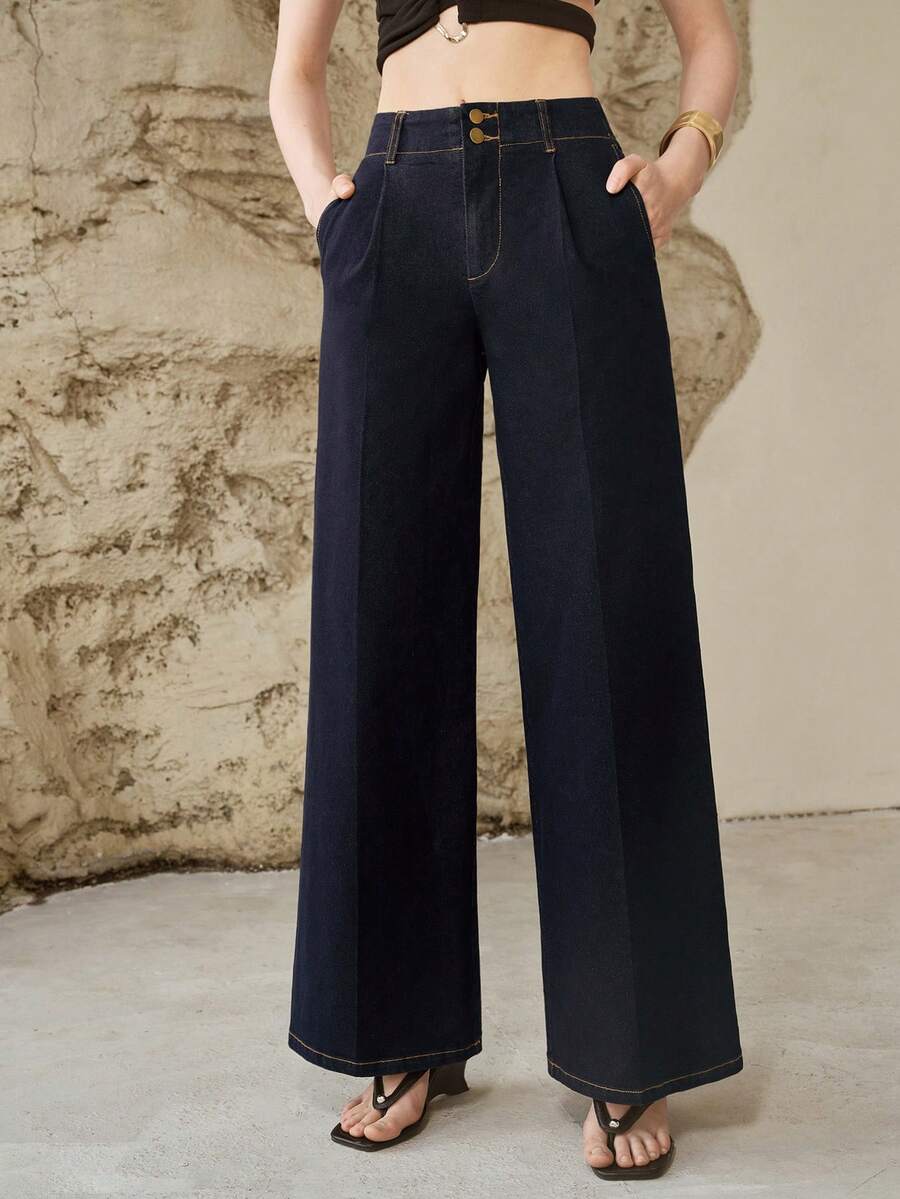 MOTF PREMIUM JEANS DE PIERNA ANCHA CON PINZA PLISADA PARA MUJER - Azul Marino - Ver 1