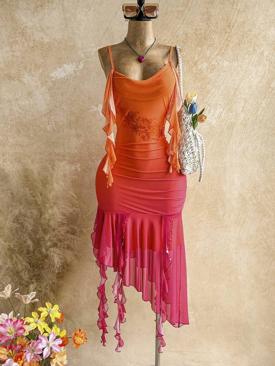 Soleia 女士日落渐变橙色水钻花卉网纱荷叶边连衣裙，适合海滩、邮轮、城市度假、音乐节、波西米亚风、海滩度假村、海岛度假村、海滩假日、音乐节等场合，四季皆宜，日常通勤也适用。 - 亮橙色 - 查看 1