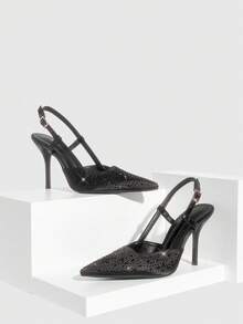 CUCCOO SZL Giày cao gót mũi nhọn đính đá lấp lánh, thiết kế khóa cài, thời trang, sang trọng, thanh lịch dành cho nữ dịp Giáng sinh. - Đen kim cương - Xem 3