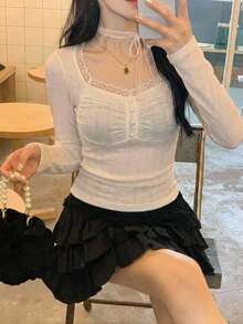 DAZY Women's Elegant Lace-Up Long Sleeve T-Shirt, Spring/Autumn - White - View 3