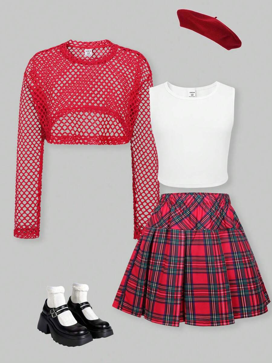 ChillGRL Casuvi 儿童三件套圣诞套装，适合青少年女孩，包括针织华夫格圆领毛衣、吊带背心和格纹百褶裙，适合日常休闲穿着、节日派对以及春秋季度假。 - 紅色 - 查看 1