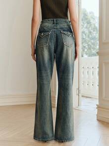 Anewsta Quần jeans ống loe màu xanh dương kiểu retro có túi dành cho nữ. - Màu xanh lam - Xem 7