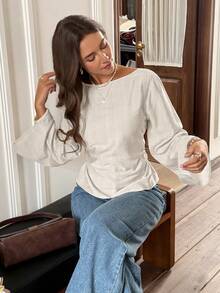 Serisse Women's Elegant Long Sleeve Blouse – Minimalist Boat Neck Cinched Waist Top Women's Boat Neck Dropped Shoulder Long Sleeve Ruched Waist Fashion Blouse,Summer ,Spring,Valentine's Day,Party,Wedding,Ceremony,Elegant ,Vacation,Casual, Formal, - Apricot - View 4