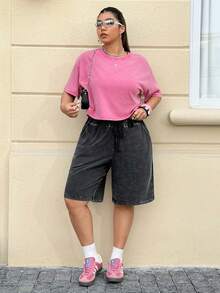 Muchica Plus Size Women's Casual Everyday Commute Fashion Street Drawstring Waist Washed Bermuda Shorts, Summer,Spring Break Outfits,Carnival Women Look 2026,Going Out Outfits, Holiday Outfits,Black - Black - View 6