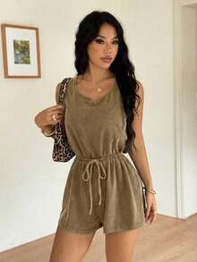 SHEIN EZwear Bộ áo liền quần kaki dệt kim co giãn cho nữ, áo liền quần ngắn kiểu dáng thường ngày, áo liền quần có túi, áo liền quần ngắn, áo liền quần nữ, bộ đồ đi nghỉ mát cho nữ, trang phục thường ngày cho nữ, bộ đồ liền thân mùa hè cho nữ, áo liền quần nữ. - màu nâu - Xem 6