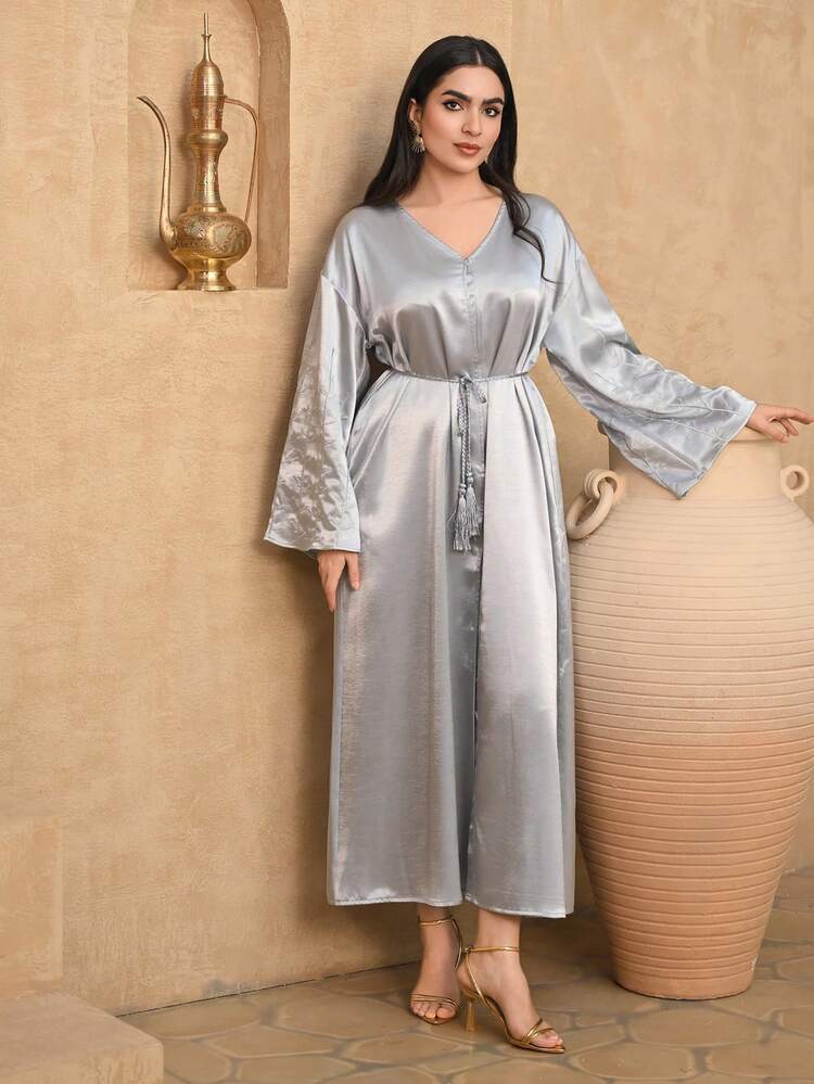 DAZY Women's Embroidered Loose Long Robe Dress - Grey - View 3