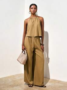 Zivah 春夏新品：音乐节、西部风、游牧风、生日派对、毕业季、学院风、学生装、日常穿搭、百搭基础款、休闲风、度假、邮轮旅行、海滩、海边、日光浴、网红热单、街头风、无袖宽松背心露背吊带上衣搭配宽松阔腿裤，女士褶皱面料休闲优雅两件套 - A - 橄欖綠 - 查看 6