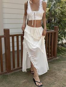 Livesso Spring & Summer White Ruffled Asymmetric Hem Casual Vacation Beach Chiffon Skirt, Elegant For Commuting, Romantic, Wedding - White - View 8