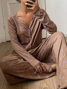 DAZY 2pcs Knitted Bow Print Cardigan & Pants Pajama Set For Women, Autumn - Khaki - View 5